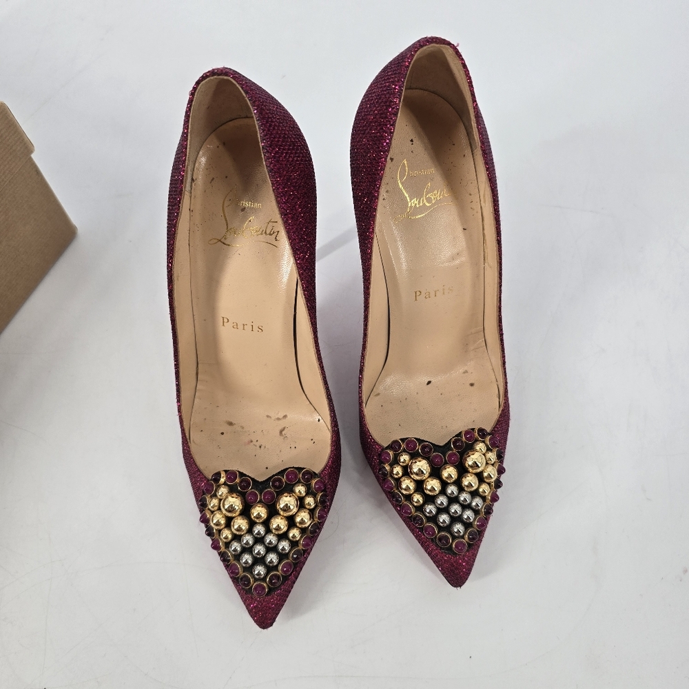 Christian Louboutin Coralta Mia 100 Pink Glitter Point Toe Pumps Size 35 Heart - Picture 2 of 13